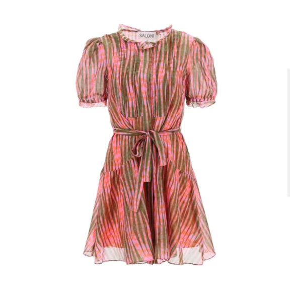 SALONI Dresses & Skirts - SALONI Penny Mini Dress Cotton Silk Pleated Bib Tide Olive